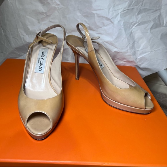 JIMMY CHOO Nude Nova Patent Leather Slingback Platforms Size 37.5 - Picture 1 of 10